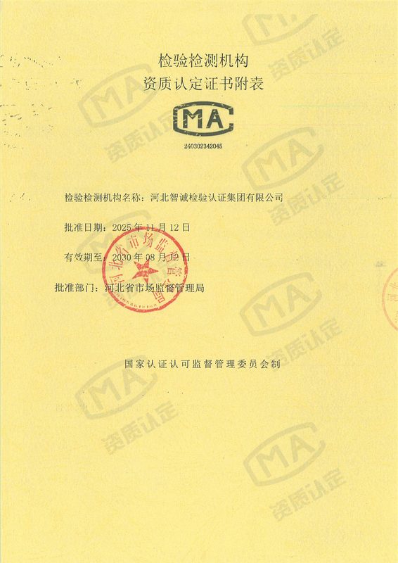 资质证书：检验检测能力范围附表
