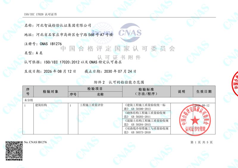 资质证书：CNAS 认可的检验能力范围