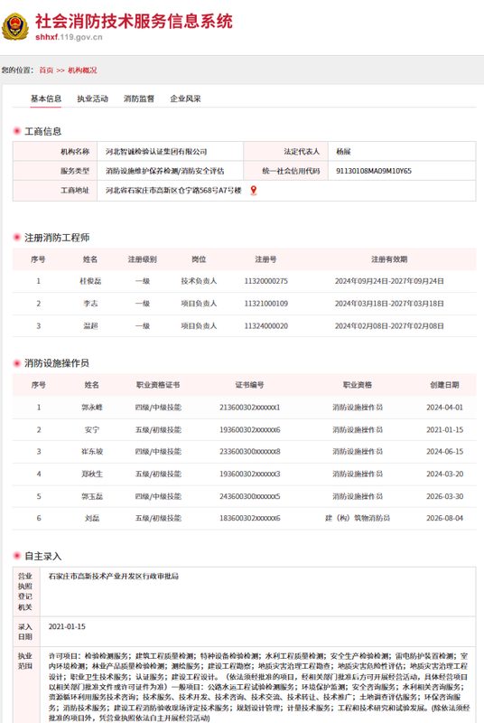 资质证书：消防技术服务机构备案